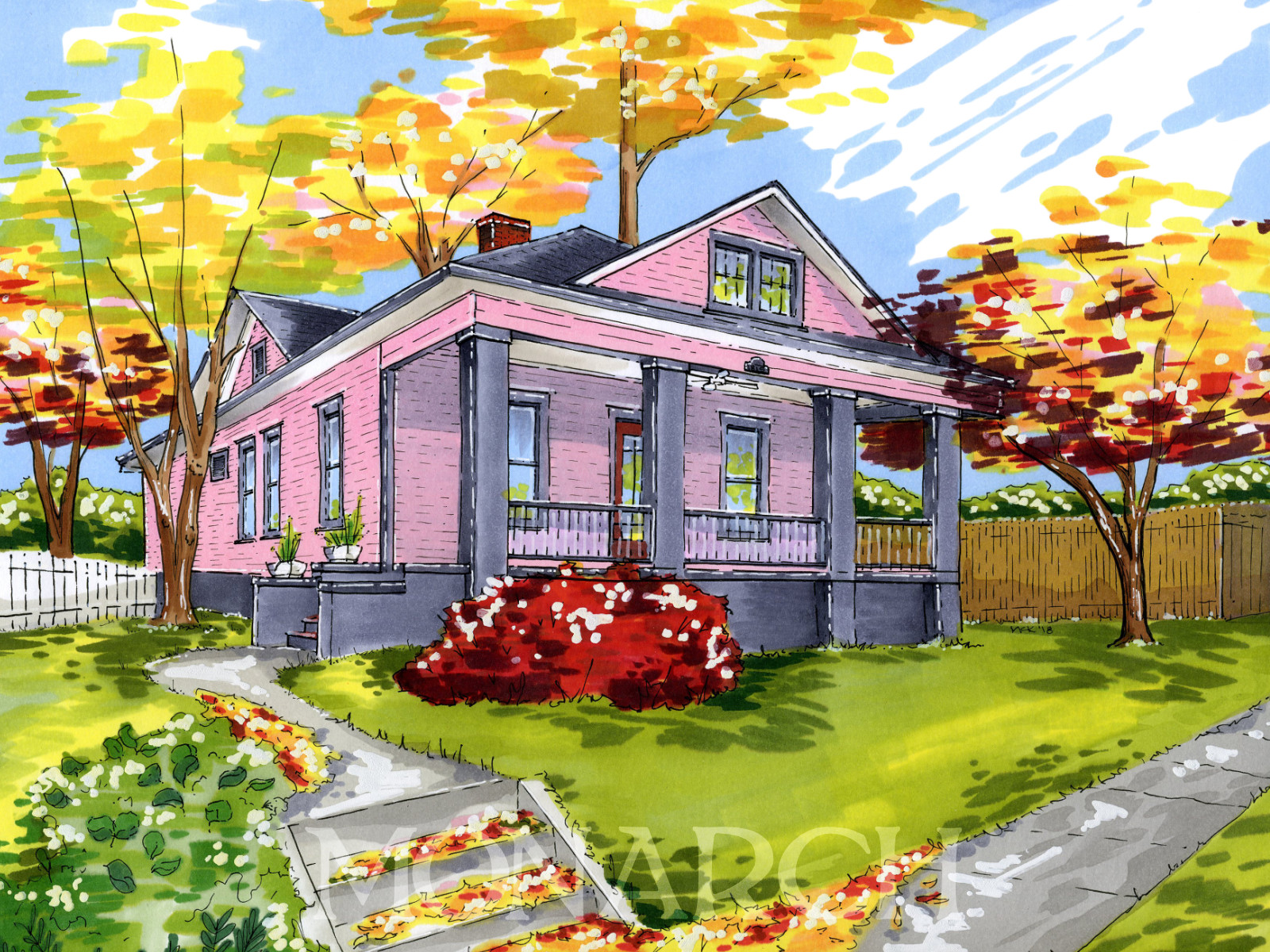 custom hand rendering of a pink bungalow