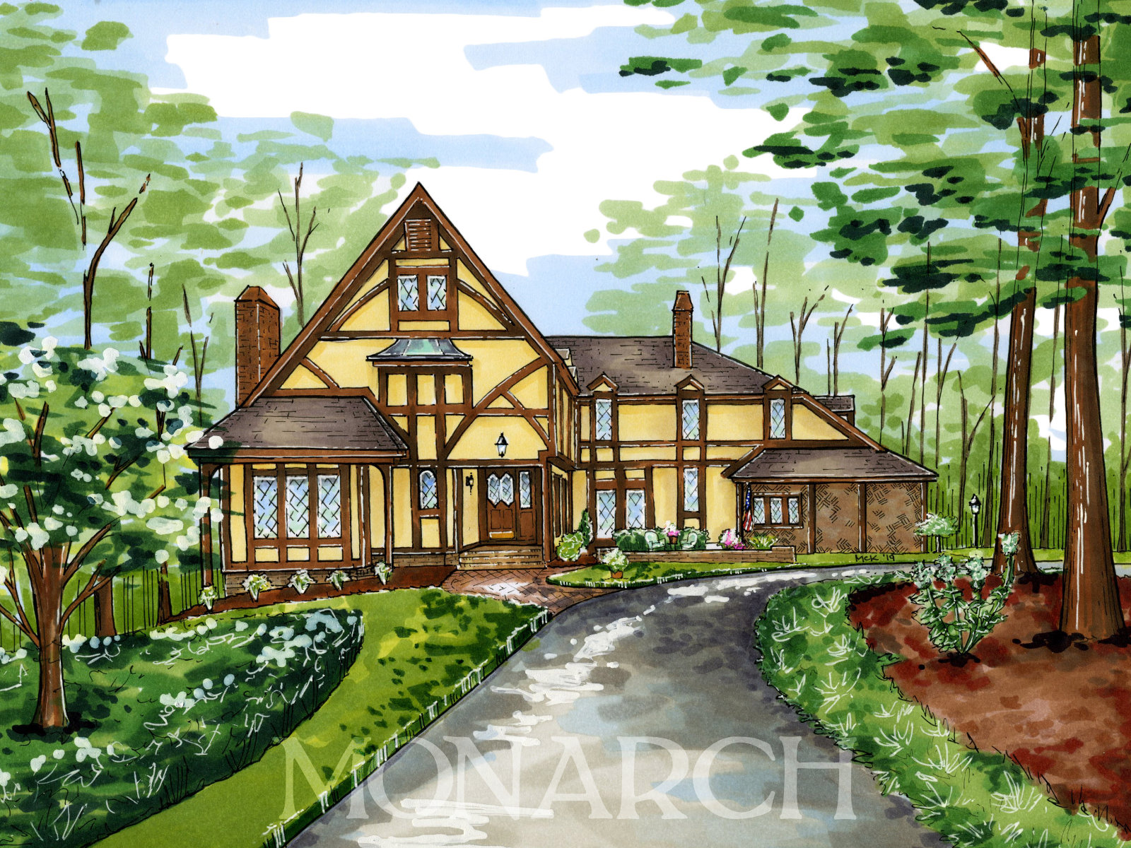 custom home portrait of a tudor house in Raleigh, North Carolina.